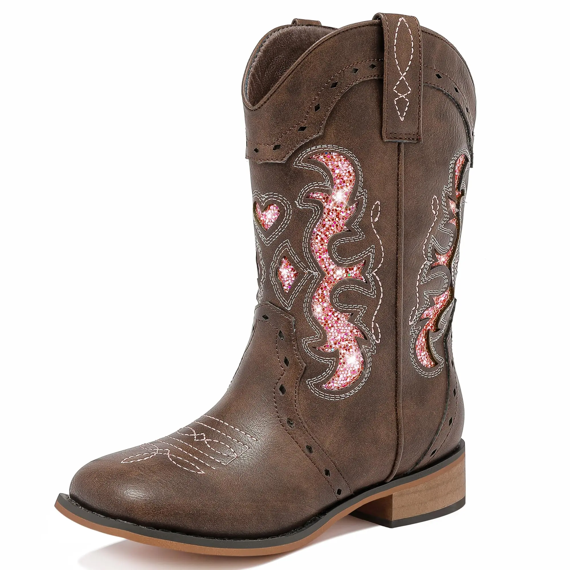 Girls' Sparkle Embellished Western Cowgirl Boots - Mid-Calf, Square Toe, Chunky Heel, Side Zipper, Synthetic, Outlaw Style, Fine Texture - for Toddlers, Halloween, Horse Riding Fair, Party, All Seasons