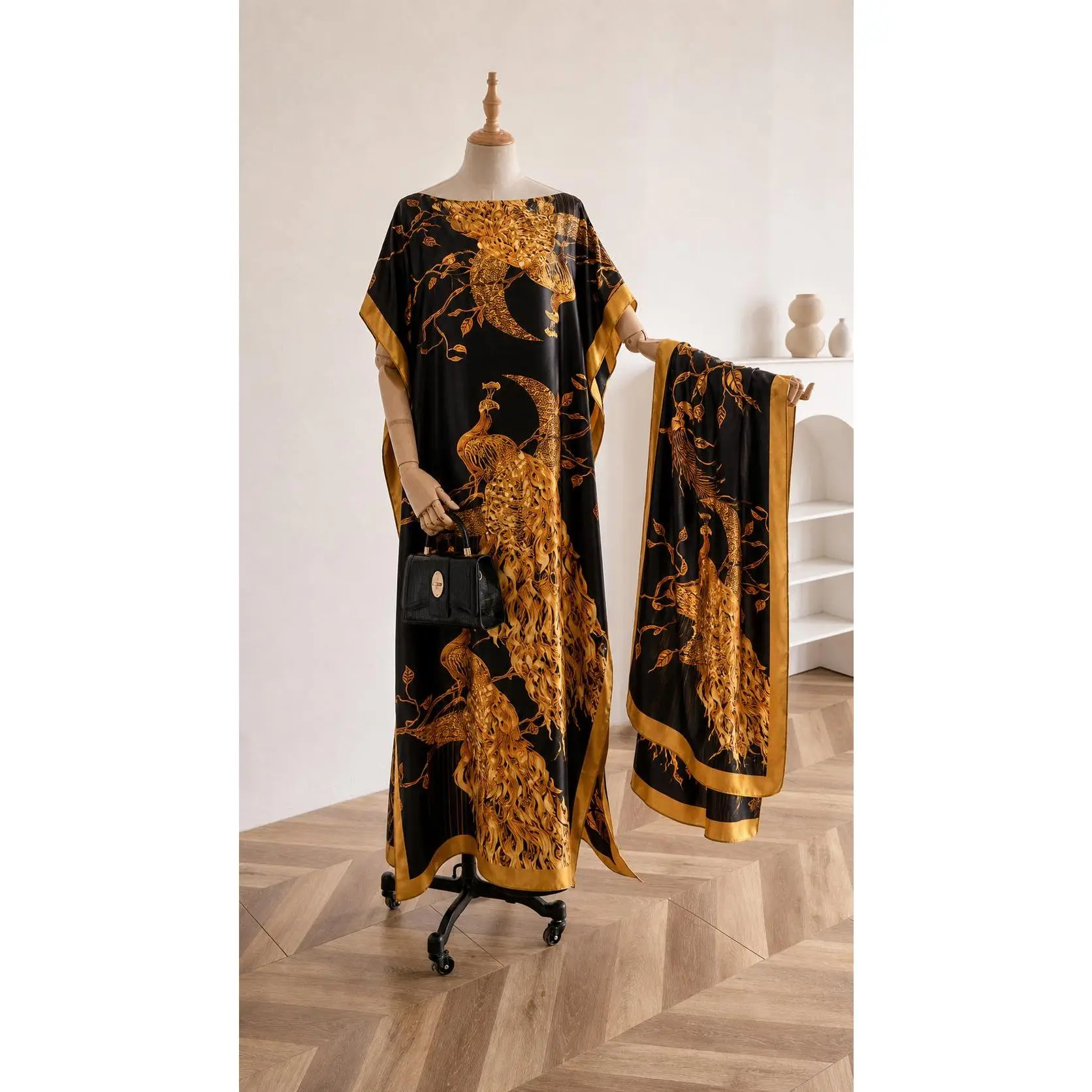 Women's Phoenix Print Caftan Dress with Matching Scarf & Head Wrap - Black Gold Moomoo Robe, Elegant Loose-Drape, Great for Cruise Dinners & Beach Cover-Up, Complete Styled Travel Outfit, Women's Fashion Apparel