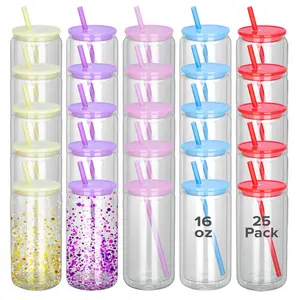 FASTSUB 16 oz Reusable Sublimation Snow Globe Glass Tumbler Water Bottle 25-Pack, Double-Wall Custom-Printed Washable Cup for UV DTF, DIY Kitchenware Drinkware