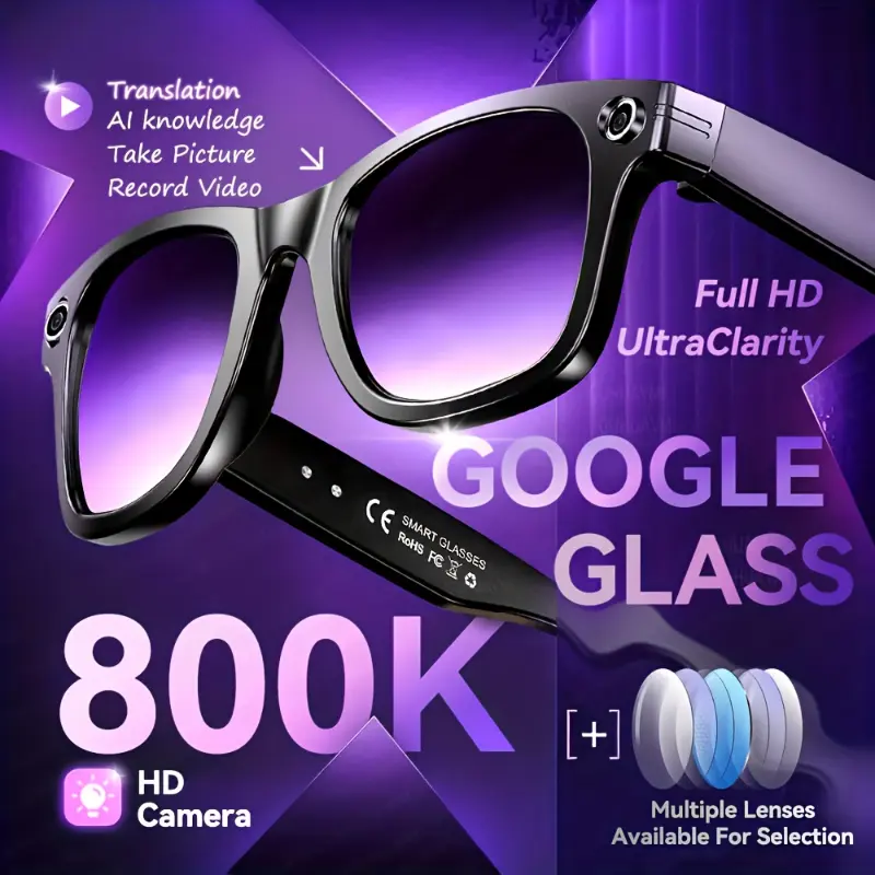 AI Camera Glasses for Hands-Free Vlogging, 800W HD Recording with Real-Time Translation & ChatGPT, Ultimate Tool for Content Creators   Button Wireless Rechargeable Usb Wearable Bluetooth anti-blue light Voice Control Translator glass camera Cycling Touch