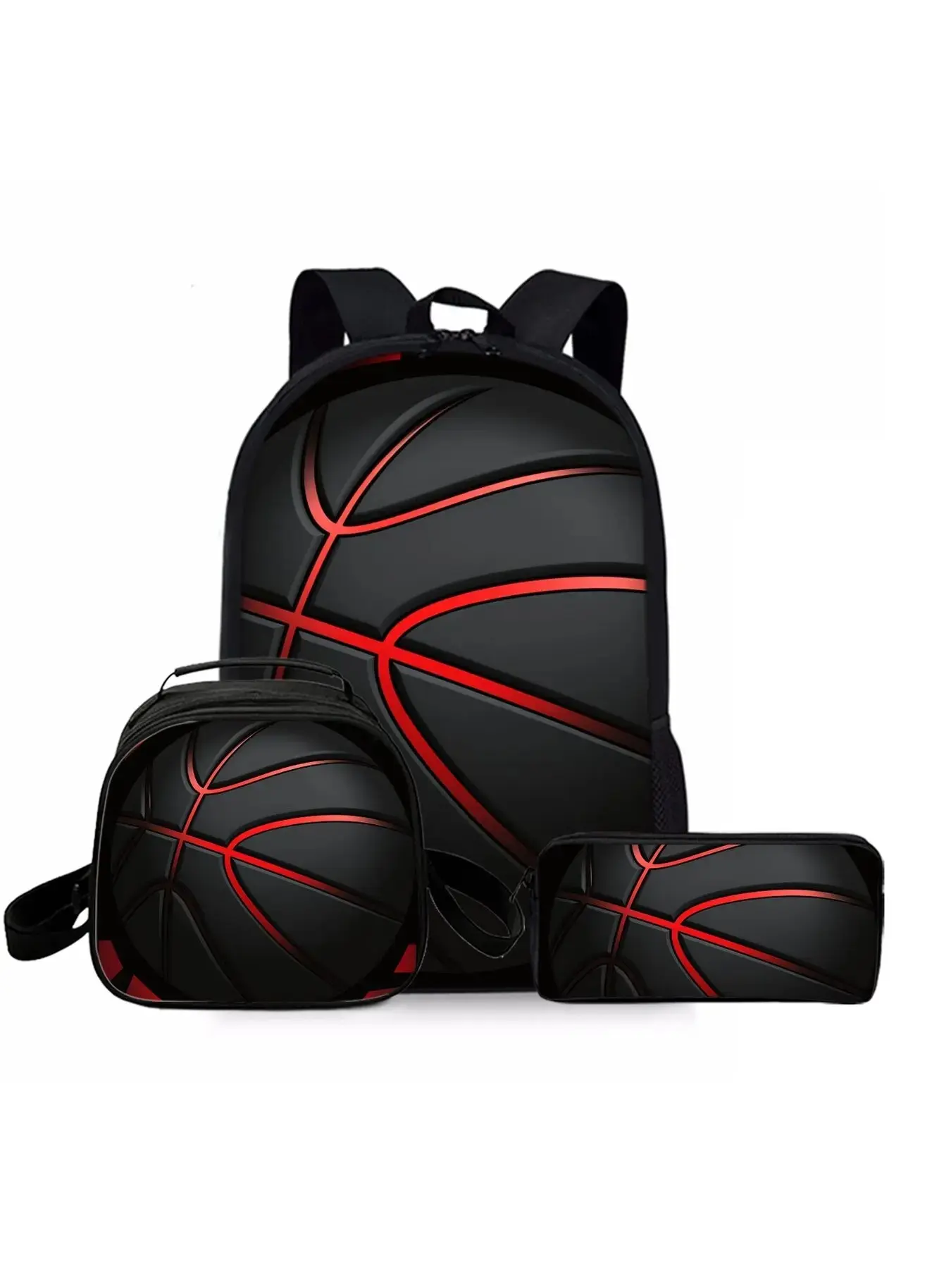 Boys' Red 3-Piece School Backpack Set, Durable Basketball Sports Combo with Insulated Lunch Box and Pencil Case for Teens, Boys Backpack For School