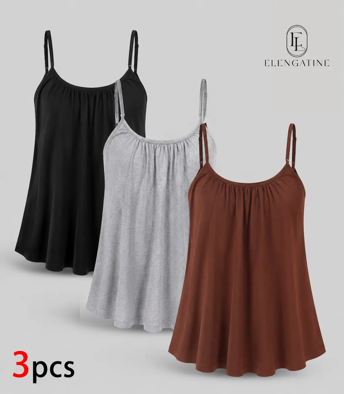 Elengatine 3 Pack Camisole Tops, Adjustable Spaghetti Strap Ruched Scoop Neck Loose A Line Flowy Tank Tops for Women, Jackets, Joggers