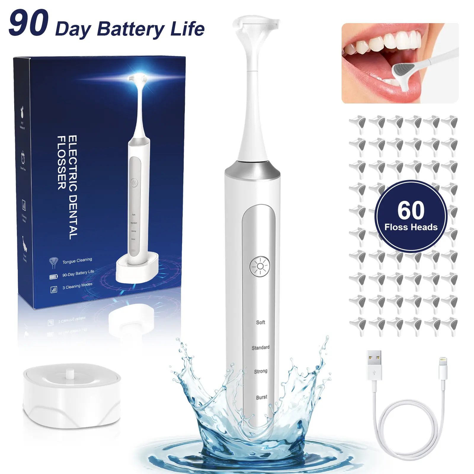 3-in-1 Electric Dental Flosser, Sonic Tooth Cleaner with Tongue Scraper & Gum Massage, 4 Modes High Frequency Vibration Oral Care Device, Rechargeable Travel Tooth Flosser
