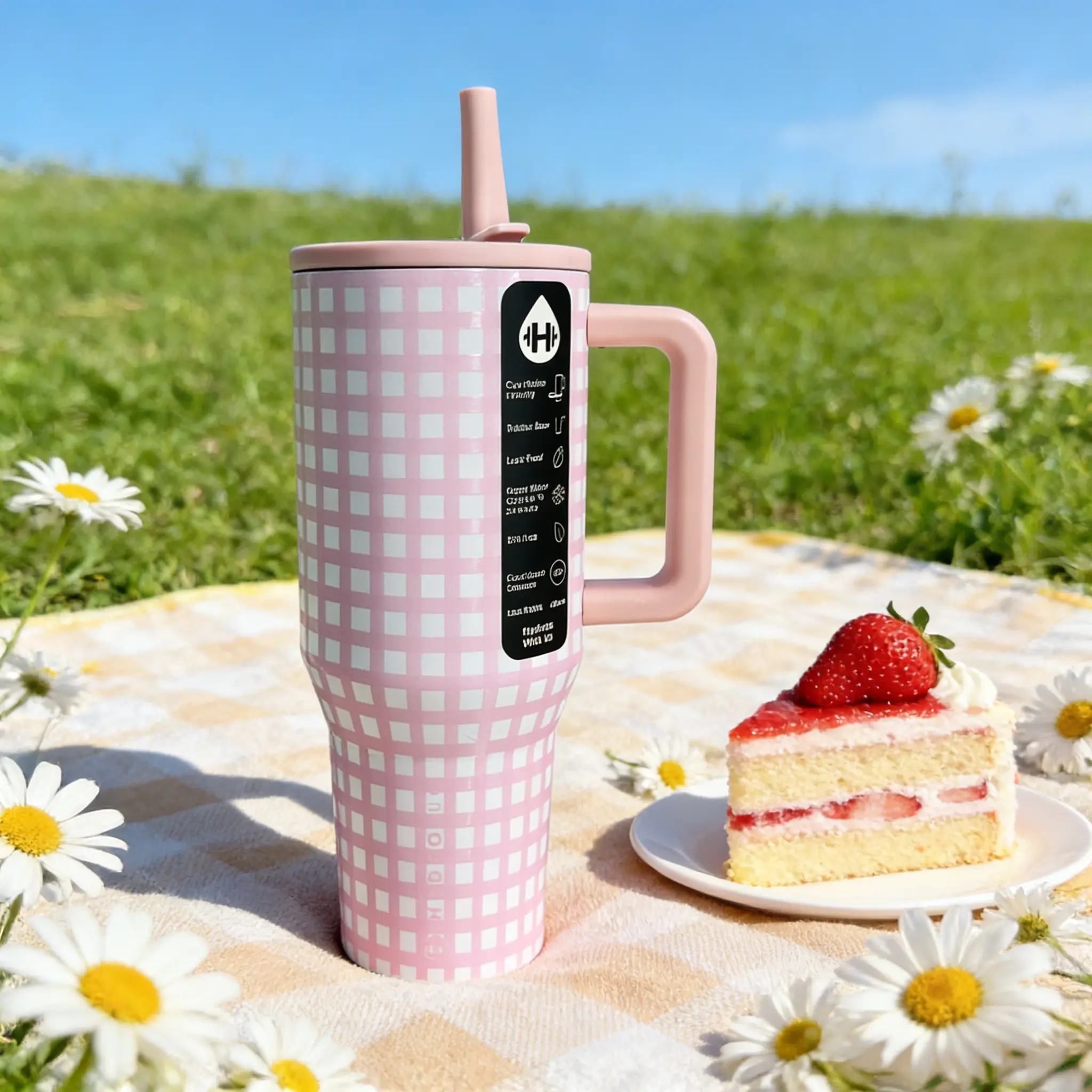 HydroJug 40oz (1000-2000ml) Pink-White Gingham Insulated Mug Tumbler Vacuum Flask - Portable, Stylish, Leak-Proof Water Bottle for Adults, Commute Use, Spring Mother's Day Gift (Large Tumbler Vacuum Flask for Office), Water Bottles, Flasks