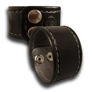 Black Leather Cuff Wristband with Silver Stitching & Snaps