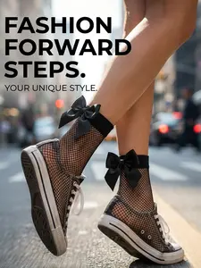 Lace-Up Mesh Back Bow Mid-Calf Socks, Japanese Style Versatile Design, 1 Pair Pack, Comfortable, Stylish, Aesthetic, Fashion, Breathable Socks for Lady