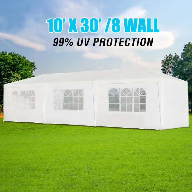 XUAN Rectangular Wedding Party Canopy Tent - 10x30' Outdoor Gazebo with Metal Frame, Tool-Free Setup, UV Prevention, 8 Removable Sidewalls for Large Groups