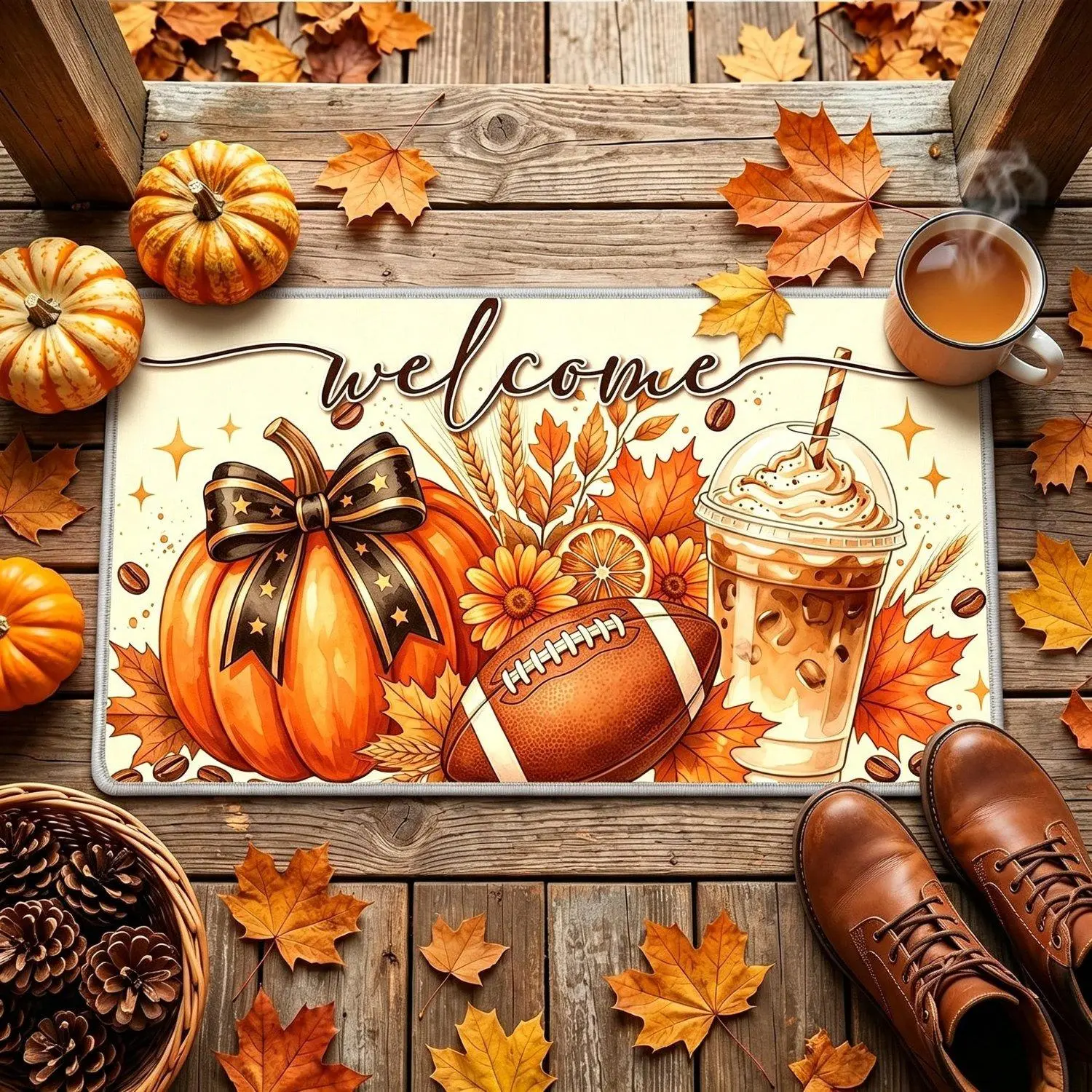 1PCS Area Rugs Front Door Welcome Autumn Harvest Home Fall Football Pumpkin Maple Leaf Pumpkin Spice Latte Cozy Farmhouse Decorative Mat