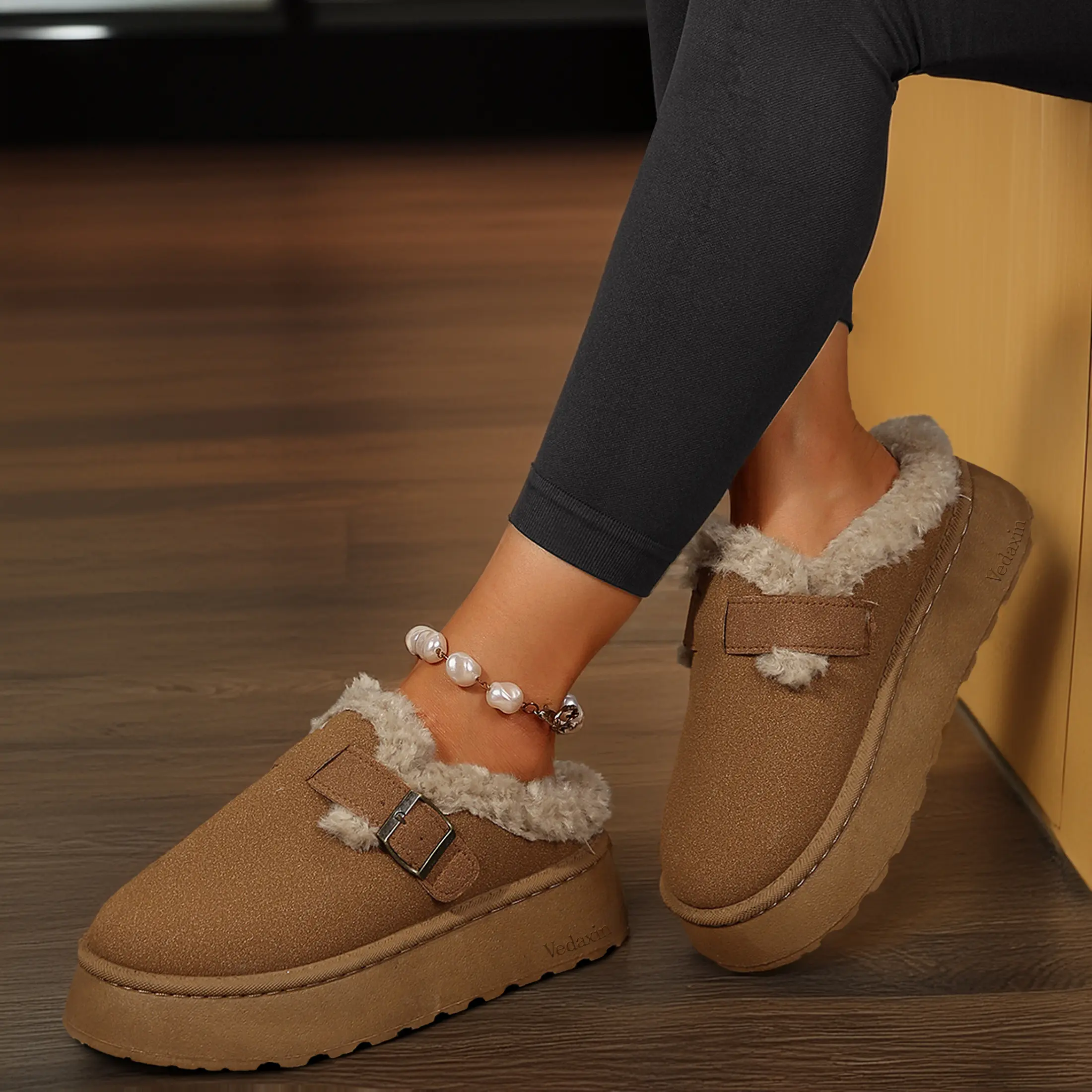 Women Slippers Warm Adjustable Buckle Ankle Boot Winter Round-Toe Half-Slippers for Indoor Outdoor Platform Rubber
