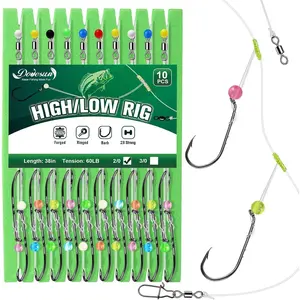 High Low Rigs Fishing Saltwater 60lb Pre-Tied Hi/Lo Strong Unique T Knot Bottom Surf Fishing Rigs with 2/0 3/0 Hook 10PCS