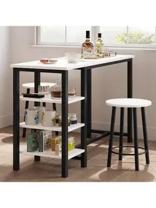 Bar Table With 2 Stools Counter Height Table With 3 Storage Shelves 3 Piece Dining Table Set For Small Space Apartment Kitchen WhiteandBlack