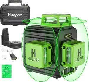 Huepar 3x360° High Brightness 12-Line Green Self-Leveling Laser Leveler Tool - 5200 mAh Rechargeable Battery, Hard Carry Case, Portable Laser Level, for Construction & Picture Hanging