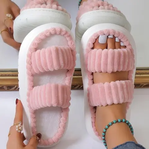 Minimalist Fluffy Home Slippers, Open Toe Bedroom Sandals for Gifts, Casual Soft Platform Pink Bedroom Slippers, Fuzzy Warm Slippers for Women 2026, Walking Shoes, Footwear,sohochic