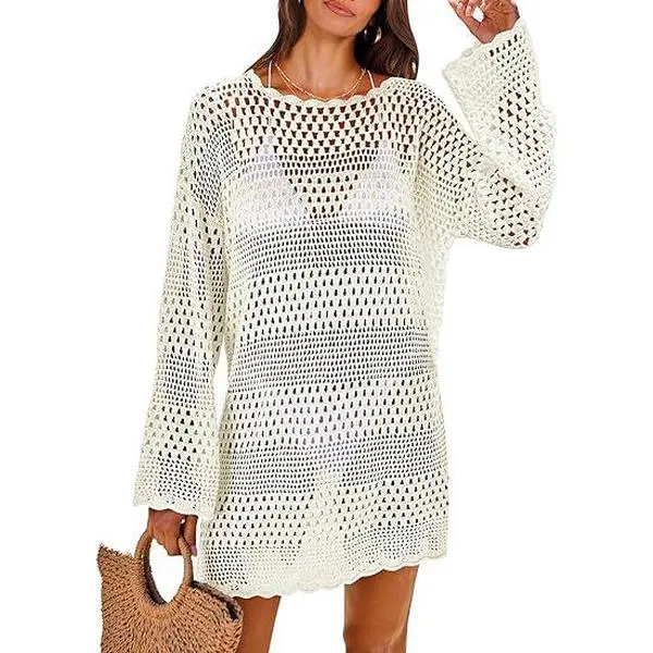 ANRABESS Women Long Sleeve Swimsuit Crochet Swim Cover Up Summer vacation Bathing Suit Swimwear Knit Sundress Pullover Swimming Beach Dress  Casual