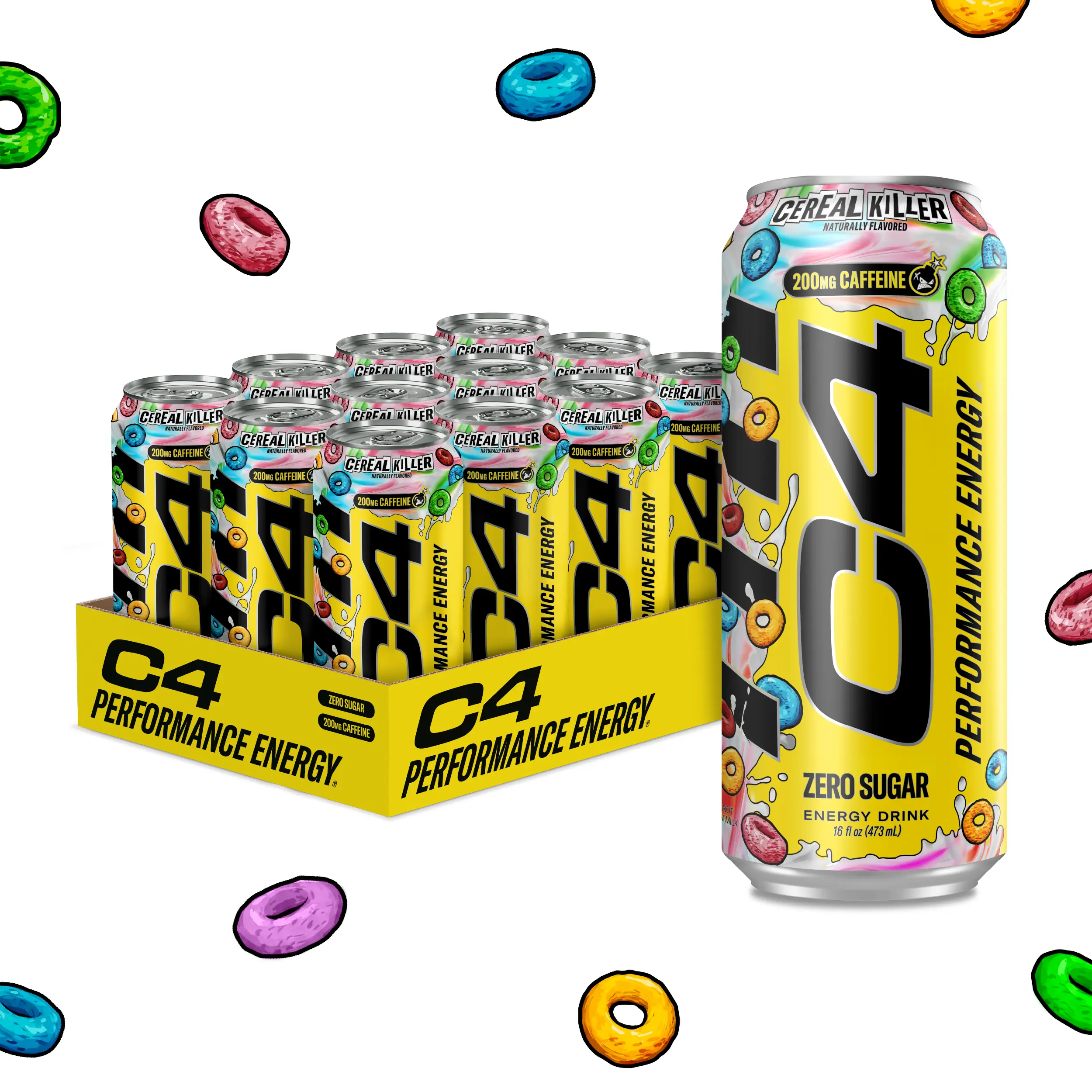C4 Performance Energy Drink, Cereal Killer Fruity Flavor – Zero Sugar, 200mg Caffeine, Vitamin B12, NSF Certified for Sport, 12oz 12 Pack