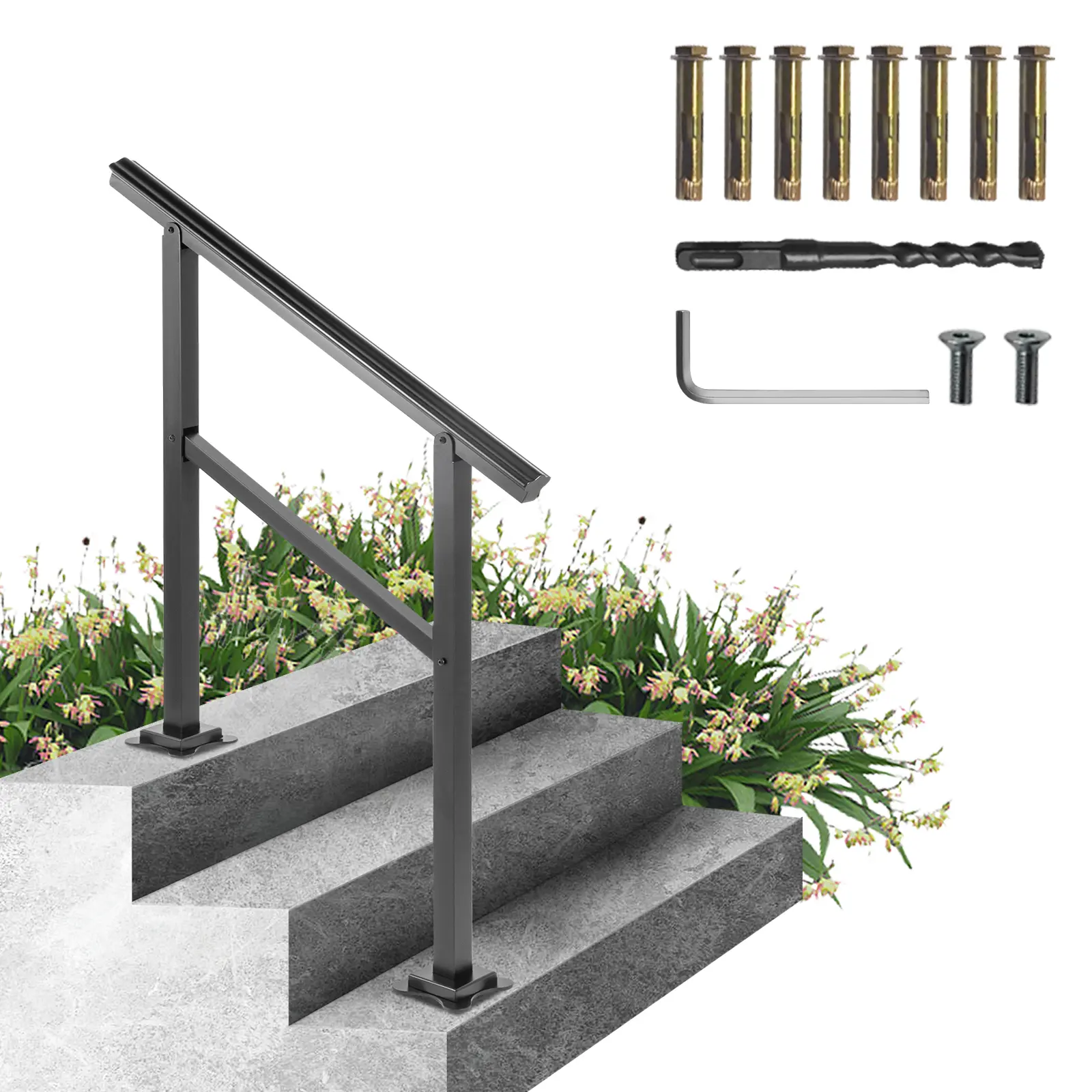 【summerfinds】VEVOR Outdoor Handrail 165LBS Load Handrail Outdoor Stairs Aluminum Stair Handrail 36 x 35\" Outdoor Stair Railing Transitional Range from 0 to 30° Staircase Handrail Fits 2-3 Steps with Screw Kit