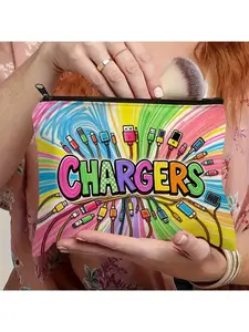 Crayon Drawing Style Charger & Tech Illustration Makeup Bag - Durable Fabric Zipper Pouch, Compact Travel Organizer for Cosmetics, Toiletries & Electronics - Playful Gift for Tech Enthusiasts, Unisex Adult Accessory, Small Cosmetic Bag,