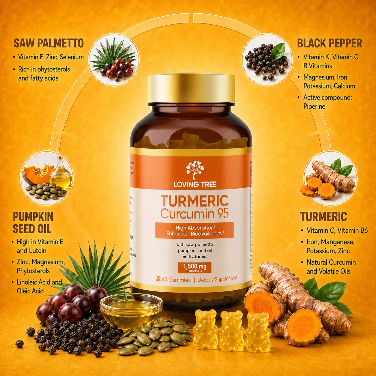 LOVING TREE Turmeric Curcumin Gummies - Helps Reduce Face & Limb Puffiness - Daily Debloat Support, Antioxidant & Joint Health, 60ct