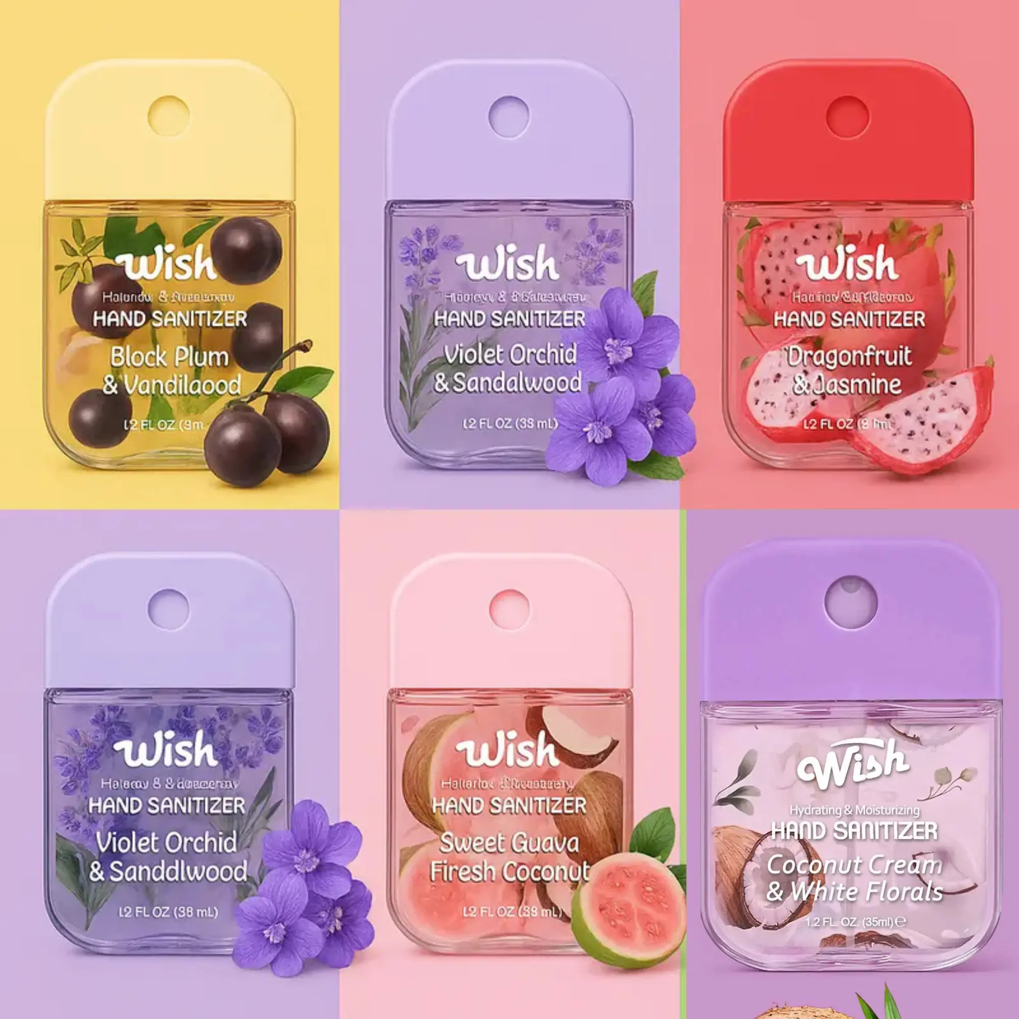 Wish Hand Sanitizer 1.2oz/35ml Set Multi Scent Variants Assorted Fresh Scents Bag or Hook Style for Easy Access
