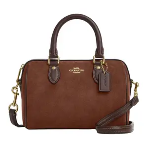Coach Rowan 17 Suede-Textured Leather Boston Barrel Bag for Women in Retro Brown