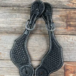 Black Genuine Leather Basketweave Tooled Spur Straps