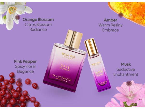 BellaVita Luxury's Date Woman Romance Plus | 100ml+20ml Perfumes | EDP | Orange, Freesia & Wood Notes | Perfume for Women | Long Lasting