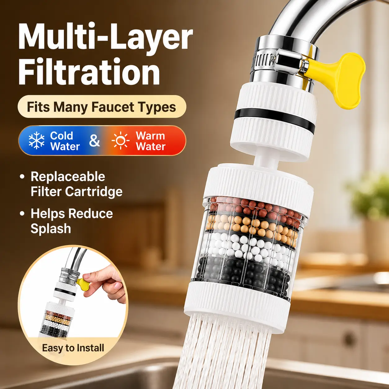 Faucet Water Filter, 360° Swivel Sink Attachment for Household Users’ Indoor Sink, 6-Layer Filtration, Splash-Reducing Aerator, Cold/Warm Water Compatible, Easy Installation for Most Standard Faucets