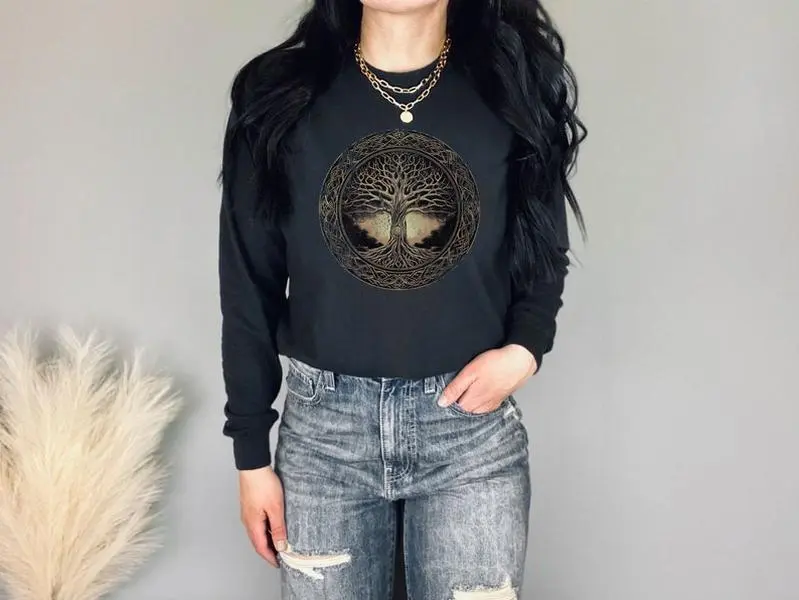 Celtic Norse Tree of Life Long Sleeve Tshirt Golden Wiccan Pagan Roots Graphic Long Sleeve Tees Viking Sweater Cottagecore Mystical Nature
