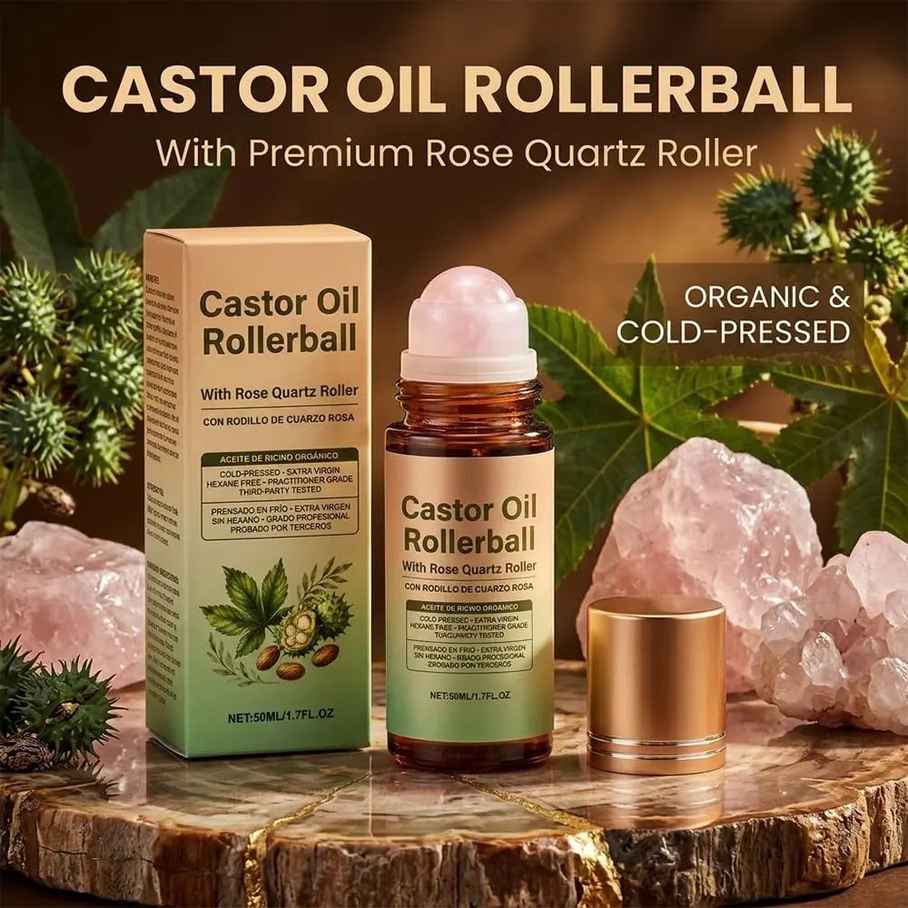 Organic Cold Pressed Castor Oil Rollerball with Natural Rose Quartz Roller, Hydrating Softening Body Massage Oil, Portable Nourishing Skin Care Roll On for Daily Dry Skin Repair