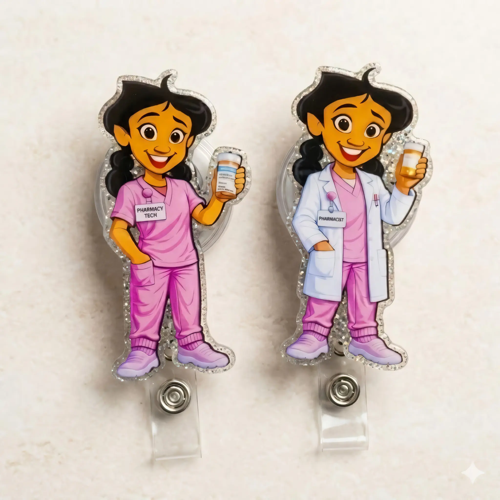 Funny Pharmacy Sparkly Retractable Badge Reel Cute Pharmacist ID Holder For Pharmacy Technician PharmD Student Work Accessory