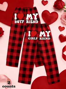 Men Women Plaid Pants Set, Pajama Set, Matching Pajamas, Matching Letter Print Fitted Casual Sleepwear, Comfortable Elastic Waist Home Wear, All Season Soft Fabric, Loungewear, Pjs