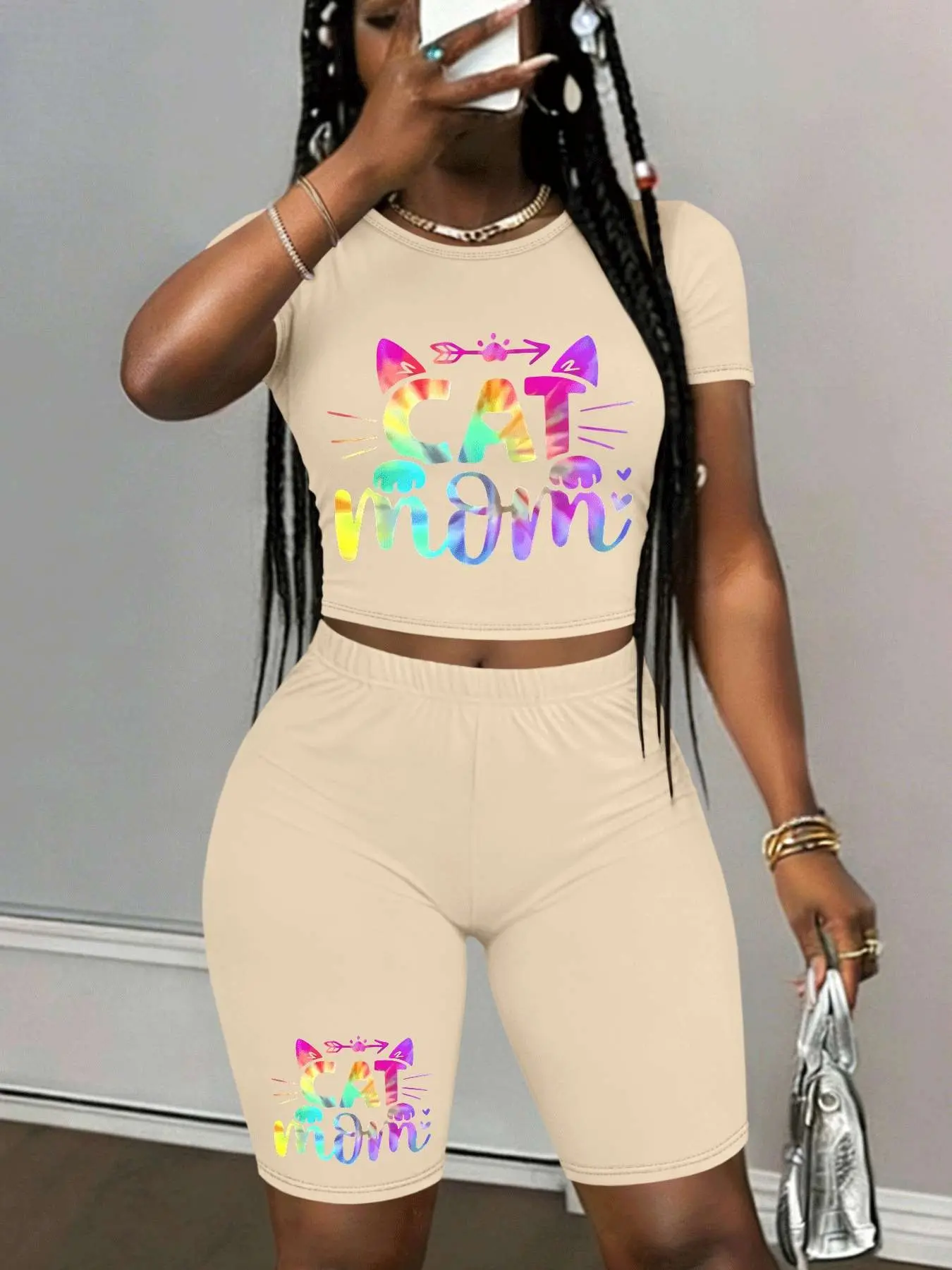 Personalized print patterns Two-Piece Set Women's Lip Print Short Sleeve Crop Top & Skinny Jumpsuit, Casual Fashion Cozy Round Neck Tee & Jumpsuit for Daily Outdoor Wear, Summer Ladies Clothes for Spring, Overalls Womenswear Outfit