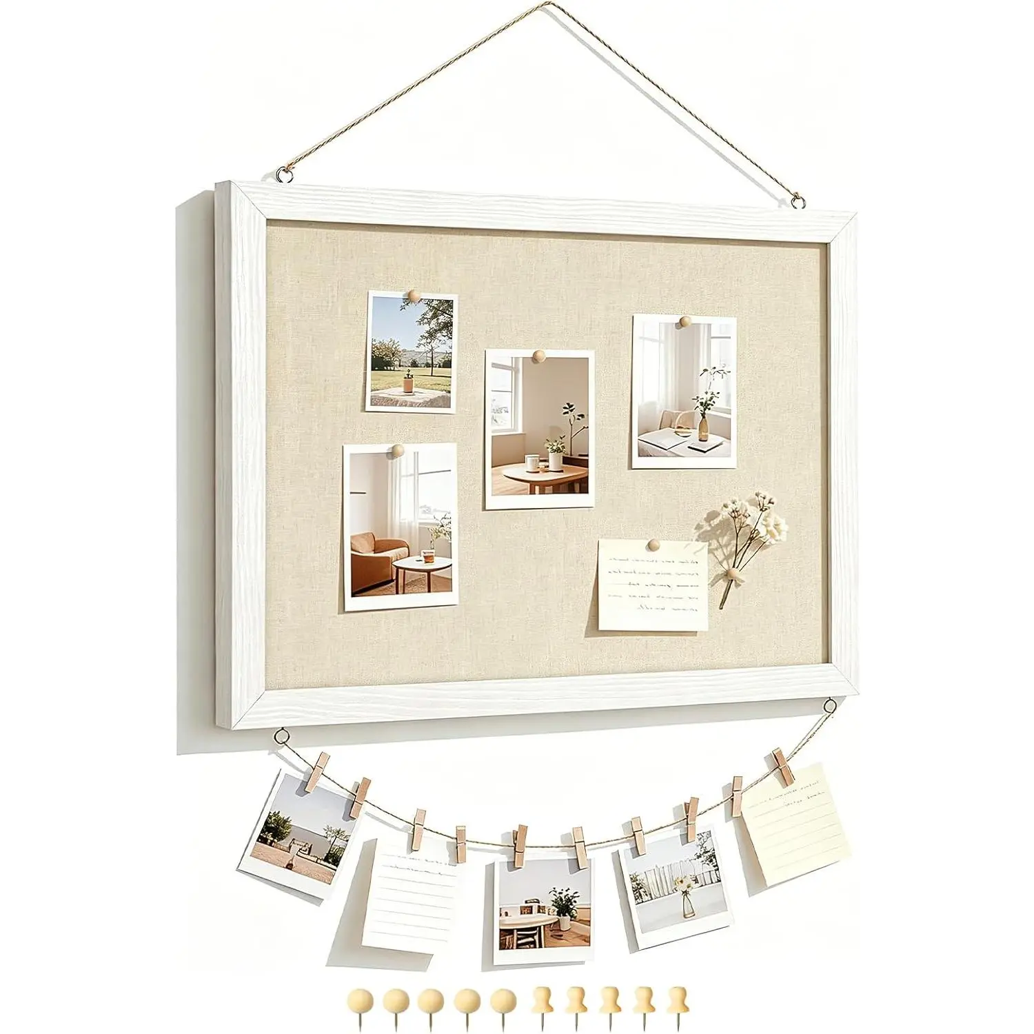 Double-Sided Bulletin Boards with Linen, 16"x12" 1PC Cork Board | Corkboards for Walls, Small Pin Board, Wood Framed, Decorative Hanging, For Home Kitchen Office, 10 Pushpins 10 Clips
