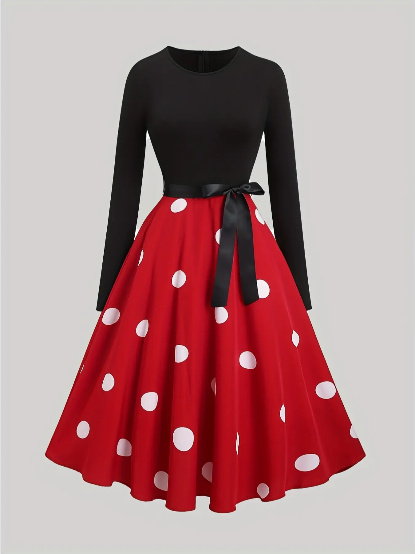 Women's Colorblock Polka Dot Print Dress, Classic Cute Feminine Belted Long Sleeve Casual Dress, Sweet Bow Waist Commuter Elegant Dress, Womenswear, Lady