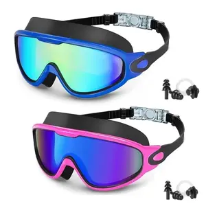 Swimming Goggles, 2 Pairs Anti-fog UV Protection Swimming Goggles with Earplugs, Leakproof 180° Wide Vision Pool Goggles, Swimming Accessories, Swim Glasses