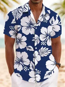 New Summer Men's Short Sleeve Shirt, Vintage Blue Background Jasmine Palm Leaf Print, Casual Breathable Beach Holiday Hawaiian Shirt