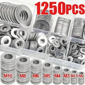 1250pcs 304 stainless steel flat washers classification kit (M2 M2.5 M3 M4 M5 M6 M8 M10 M12) for home decoration, factory repair, kitchen, shop and outdoor work