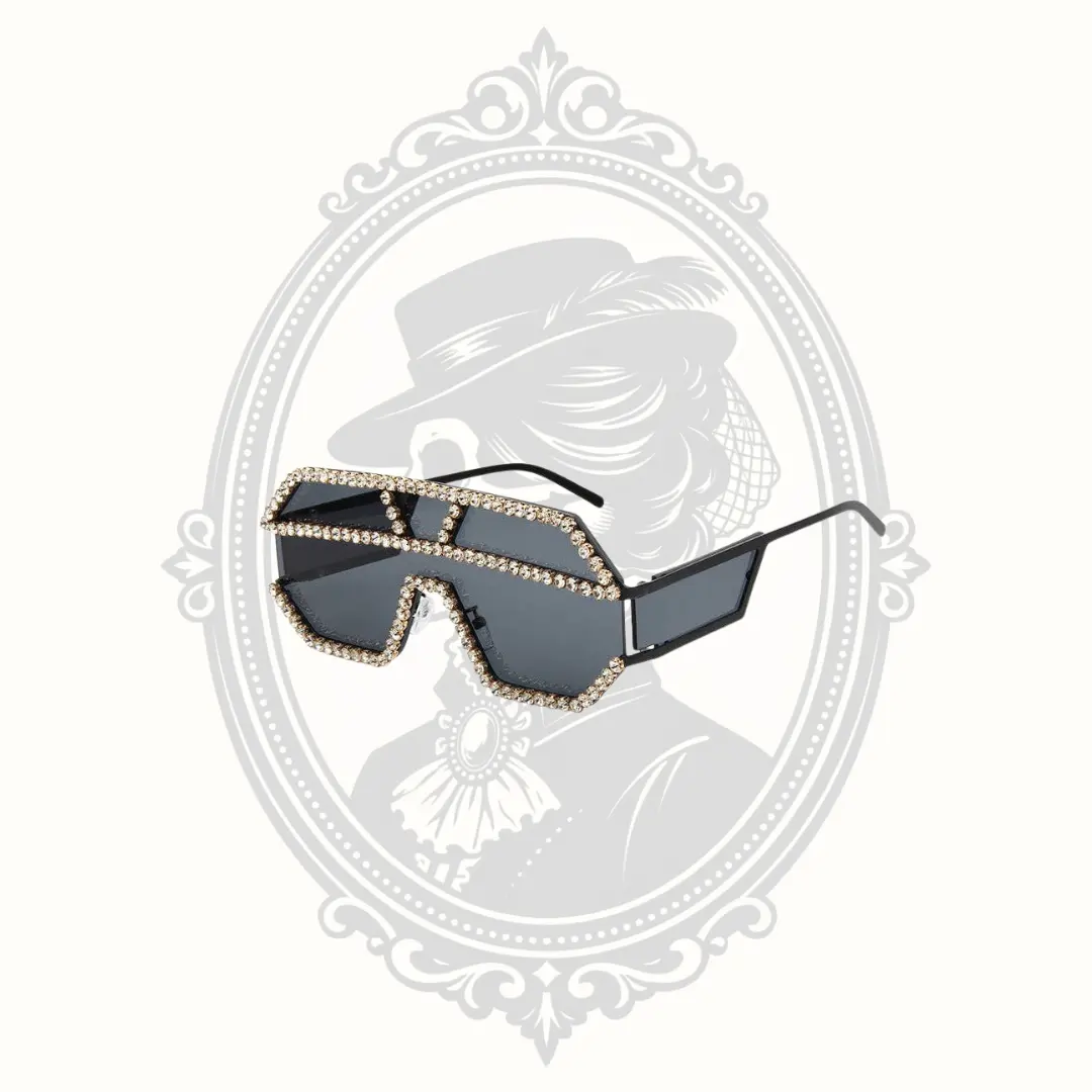 Geometric Pattern Rhinestone Frame Shield Sunglasses, Oversized Style, Gray Lenses