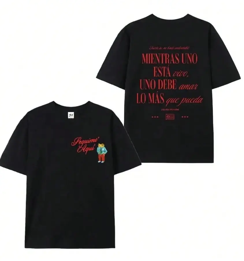 Men's Pure Cotton Loose-Fit Short Sleeve Tee, Casual Wear, Solid Black Oversized Crew Neck, Front "Seguimo Aqui" Red Cursive Text, Back Cartoon Character & Large Jacobo Morales Spanish Quote Print, Latin Culture Street Style, Double-Sided