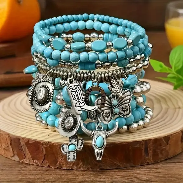 9-Piece Bohemian Bracelet Set, Turquoise Beaded Stackable Bracelets with Cow Head Charms for Women & Men, Stretch Jewelry Gift, Bracelet Stacking