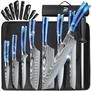 MDHAND Chef's Knife Stainless Steel Japanese Damascus Pattern, High Carbon Kitchen Knife Set with Roll Bag, Professional Kitchenware, mothersdaygift