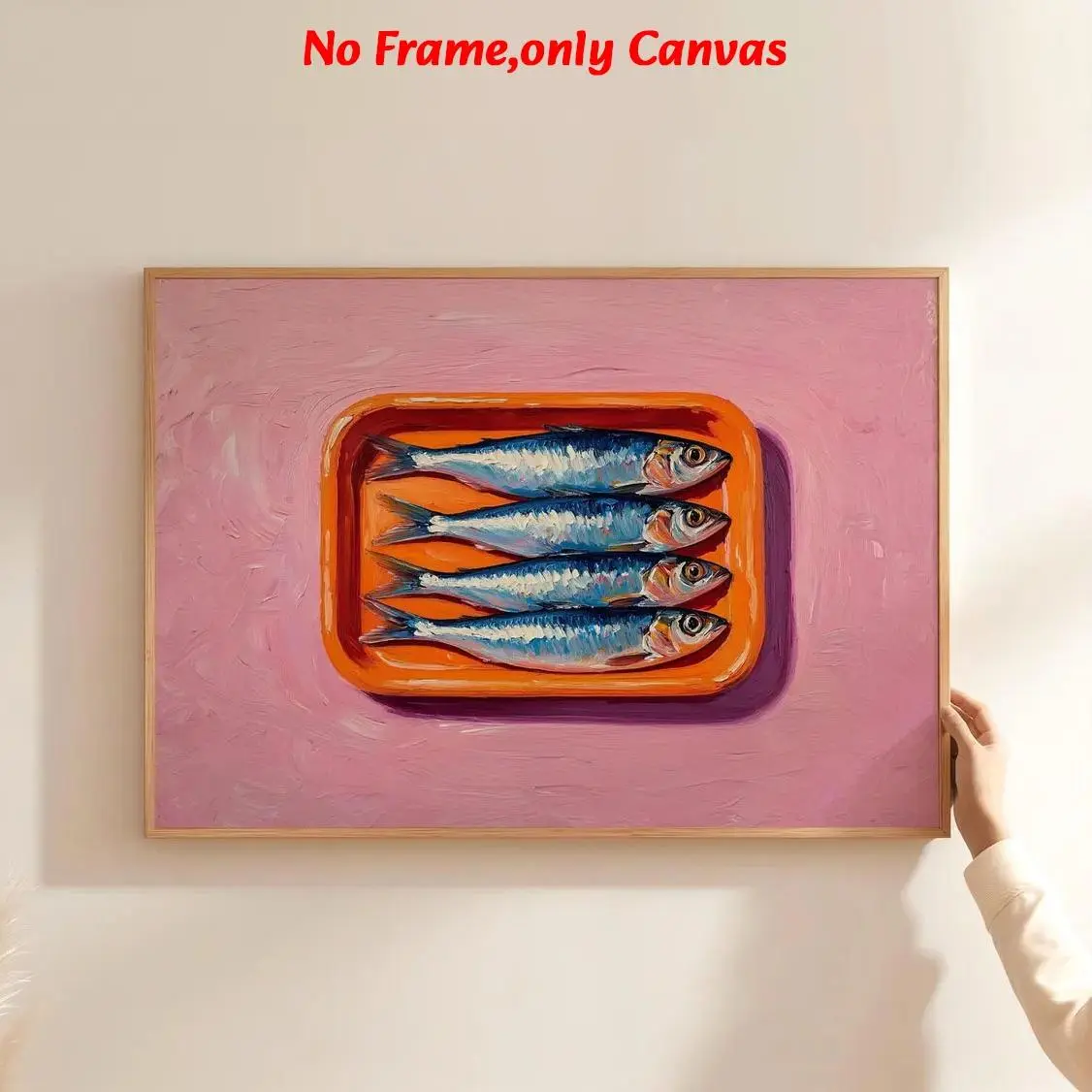 1pc, wall art, artistic vintage poster, sardines on a plate art print, Canvas Prints, orange pink background style canvas painting, living room decor, dining room decor aesthetic, kitchen decor, housewarming gift, unframed, Unique Artwork