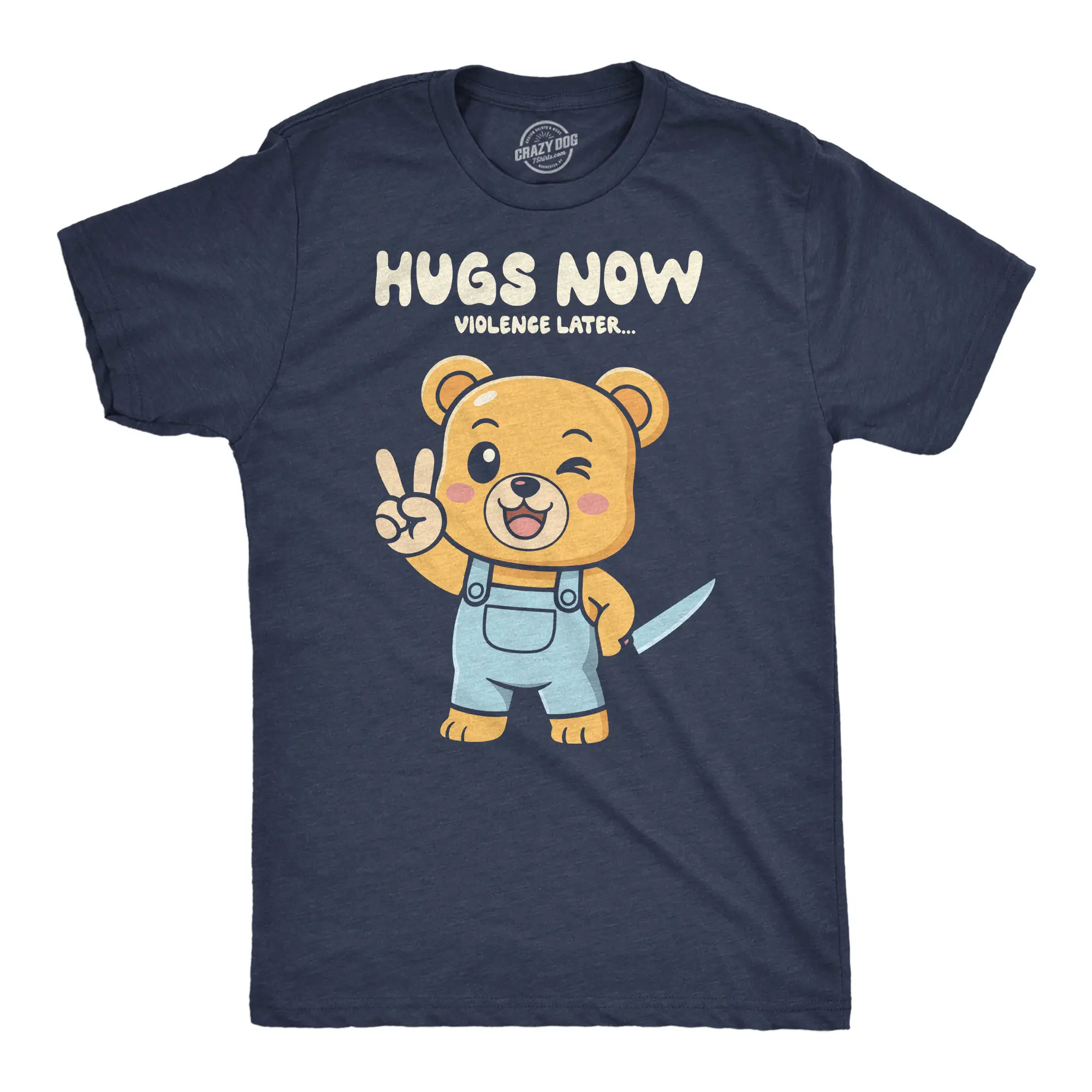 Mens Funny T Shirt Hugs Now Violence Later Sarcastic Cute Bear Graphic Novelty Tee for Men Mens Funny T Shirts Cool Vintage Fashion T-Shirt Gift Classic Menswear Funny Sarcastic Short Sleeve Novelty Tees for Navy -