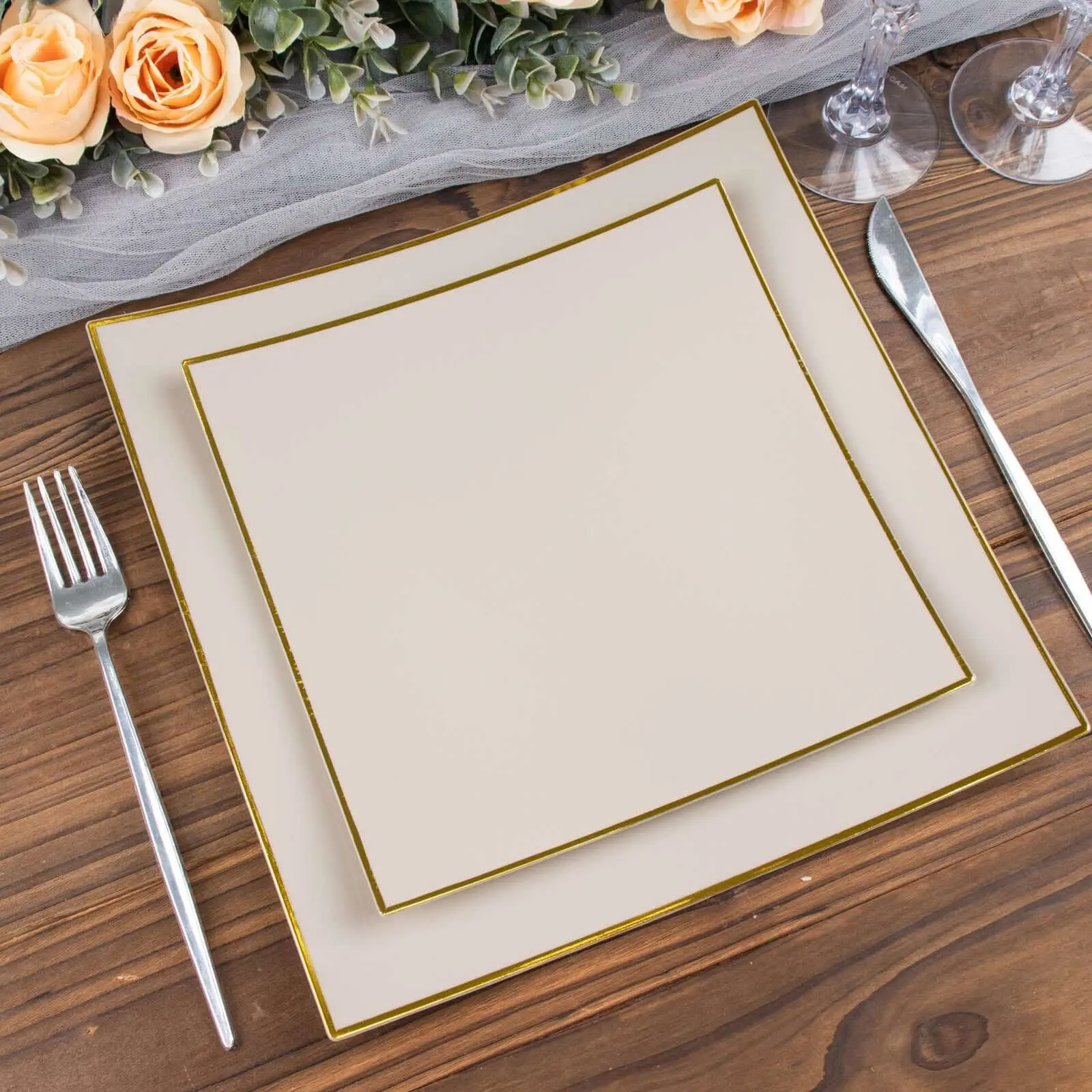 10-Pack Disposable Plastic 8" Square Taupe Concave Style Dessert Plates with Gold Rim - Modern Home & Party Supplies for Baby Shower, Wedding, Birthday, Disposable Plates