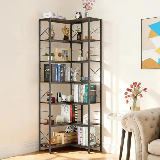 7-Tier Industrial Corner Bookshelf – Rustic Wood & Metal Freestanding Bookcase with Adjustable Feet, Anti-Slip Kit – Large Display Storage Shelf for Home Office, Living Room, Kitchen – Color: Brown