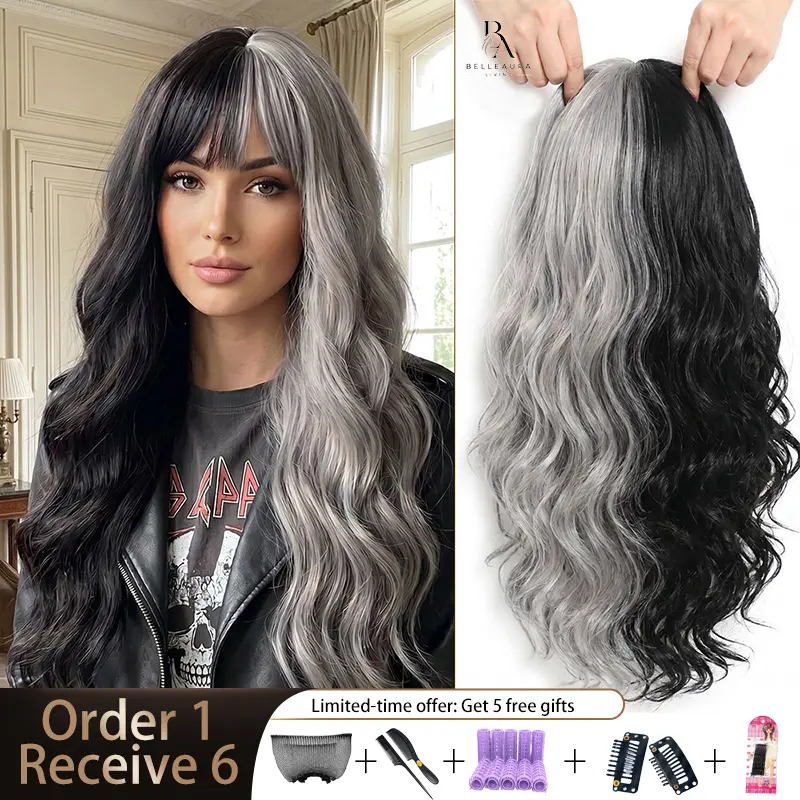 Women's 35 Inch Long Synthetic Wig, Black and Silver Split Dye Soft Wave Hair with Face Framing Bangs, Adjustable Cap for Cosplay, Face Framing Wig, Soft Wave Wig