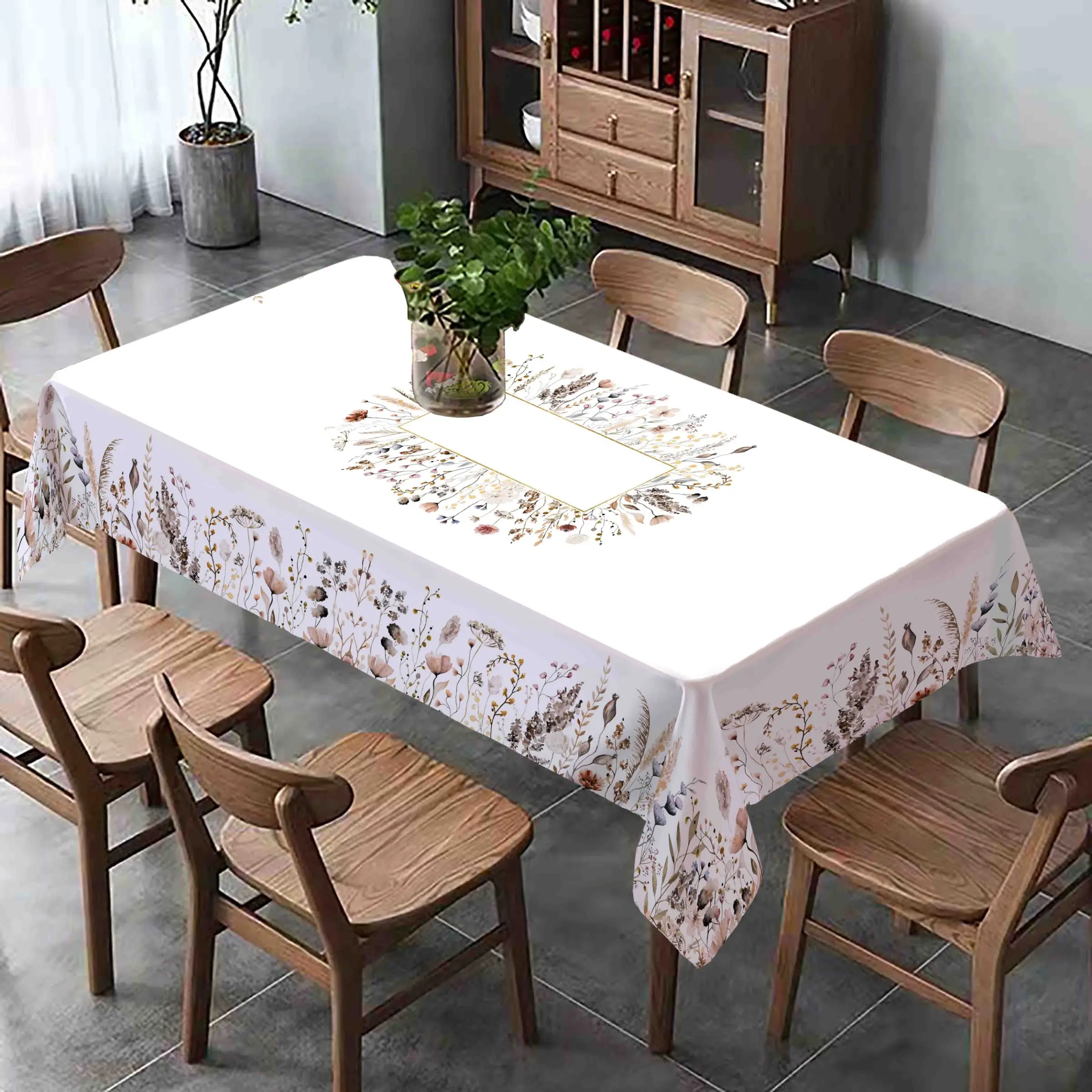 Rectangular Portable Tablecloth with Spring Summer Floral Eucalyptus Leaf Pattern, Table Cover for Indoor & Outdoor Use, Ideal for Wedding, Party, Restaurant, Camping, Family Kitchen Decor, Outdoor Patio