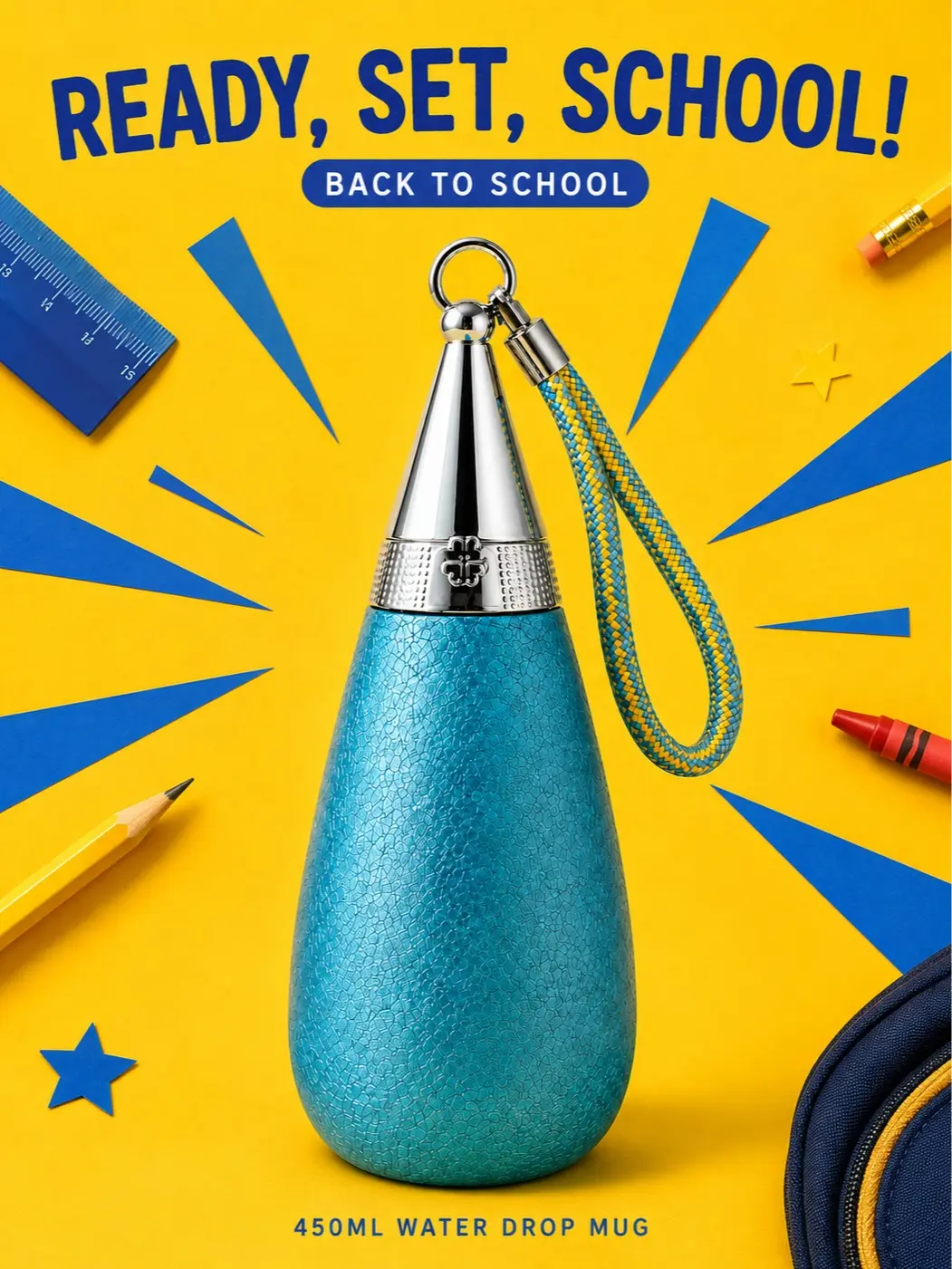 Elementary School Water Bottle, MSWJO 15.2oz Water Drop Design, Straw and Direct Drink Lid, Ice Crackle Finish, Stainless Steel Body, Wrist Strap for Classroom, Lunch and Back to School