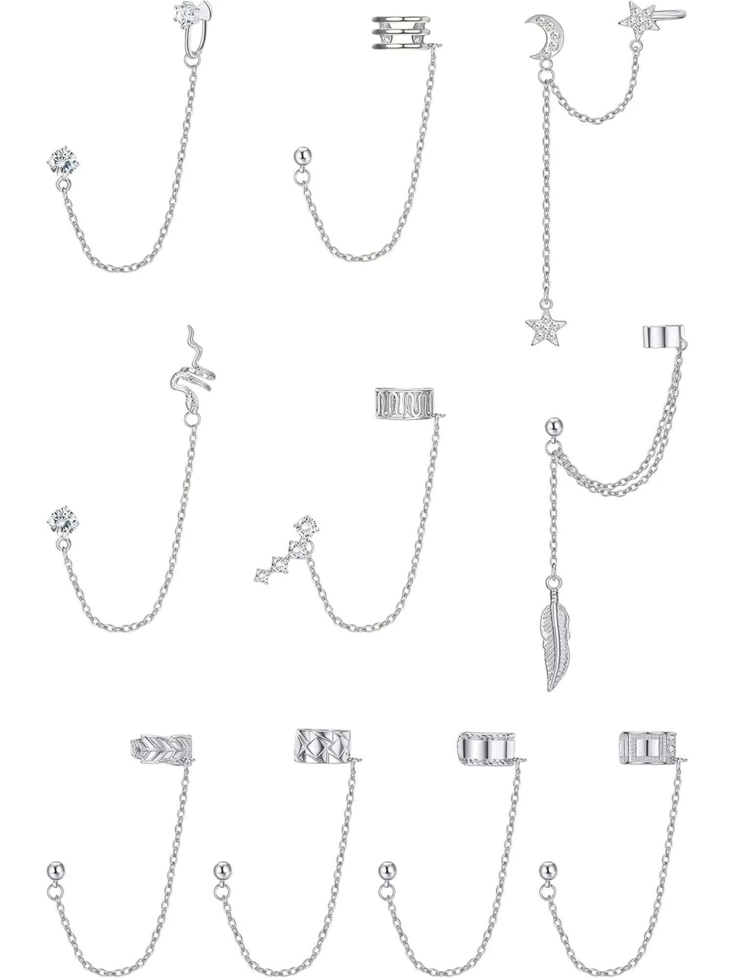 10Pcs Ear Cuff Earrings Chain for Women Snake Feather Ear Cuff Moon Star Ear Climber Helix Cartilage Crawler Earrings Tassel Chain Ear Cuff Earrings for Women Girls Shining Earrings Cartilage Earring Set Sparkling Ear Jewelry