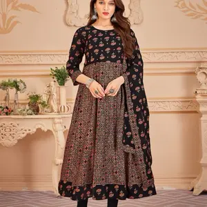 Rayon Traditional Wear Mirror Work Gown With Dupatta, 2pcs